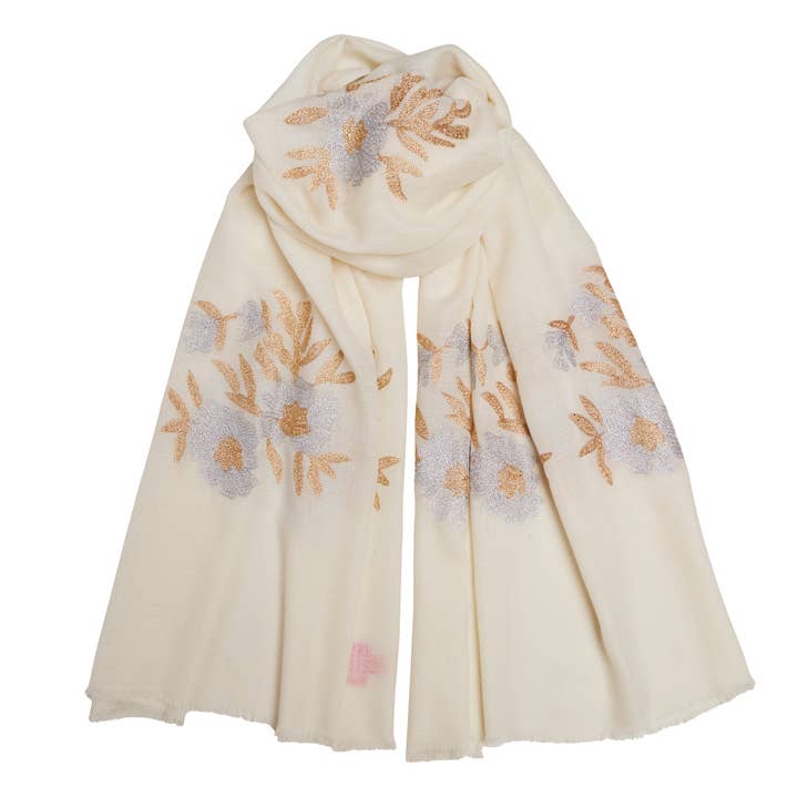Mexican Flower Pashmina - Cream/Gold/Silver for wholesale by Somerville Scarves