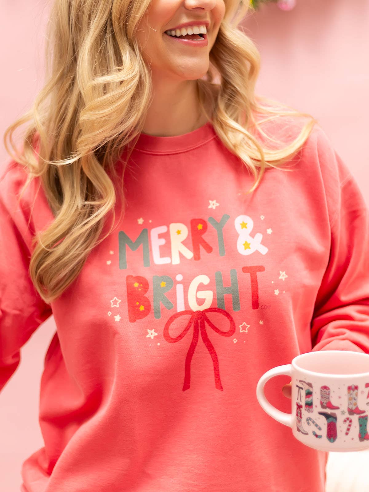 Callie Danielle - Wholesale Graphic Sweatshirt - Women's - Merry & Bright Christmas Bow Sweatshirt - Watermelon1