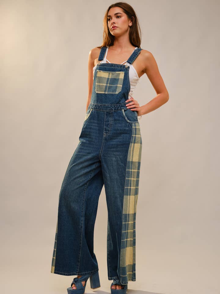 91555R - Plaid Contrast Wide Leg Denim Overall for wholesale by Blue B