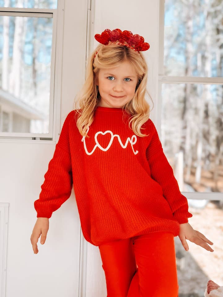 Valentine’s Day Girls Red Knit Sweater – "Love" Heart Embroidery Long Sleeve Pullover for wholesale by Rylee Faith Designs