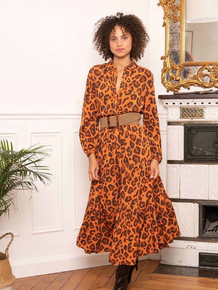 Loose-fitting printed shirt-style long dress with ruffles for wholesale by last queen