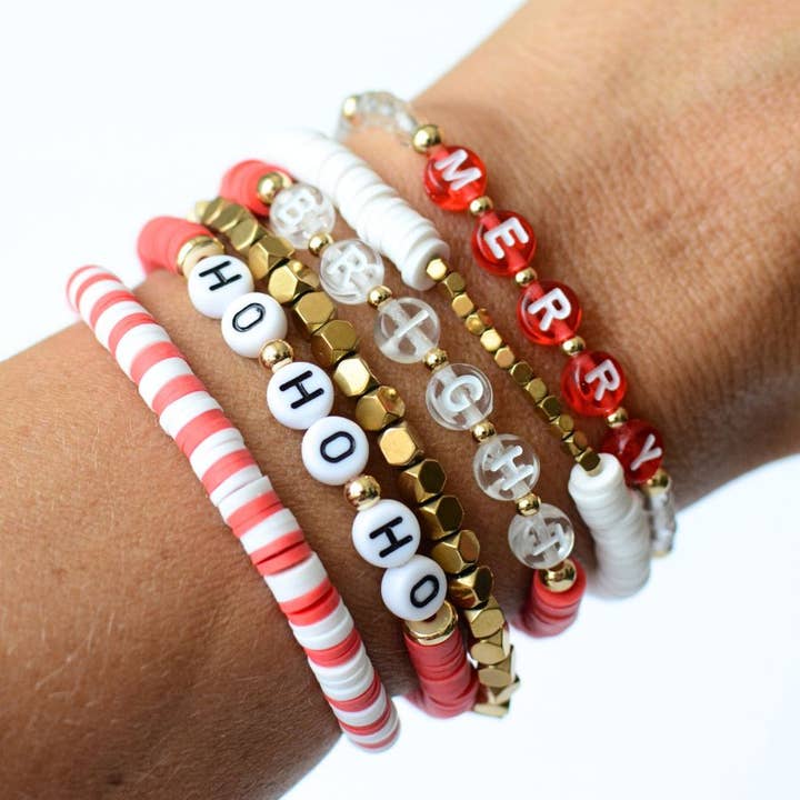 Two and Crew - Wholesale Beaded Bracelet - Merry and Bright Christmas Holiday Red & White bracelet set
