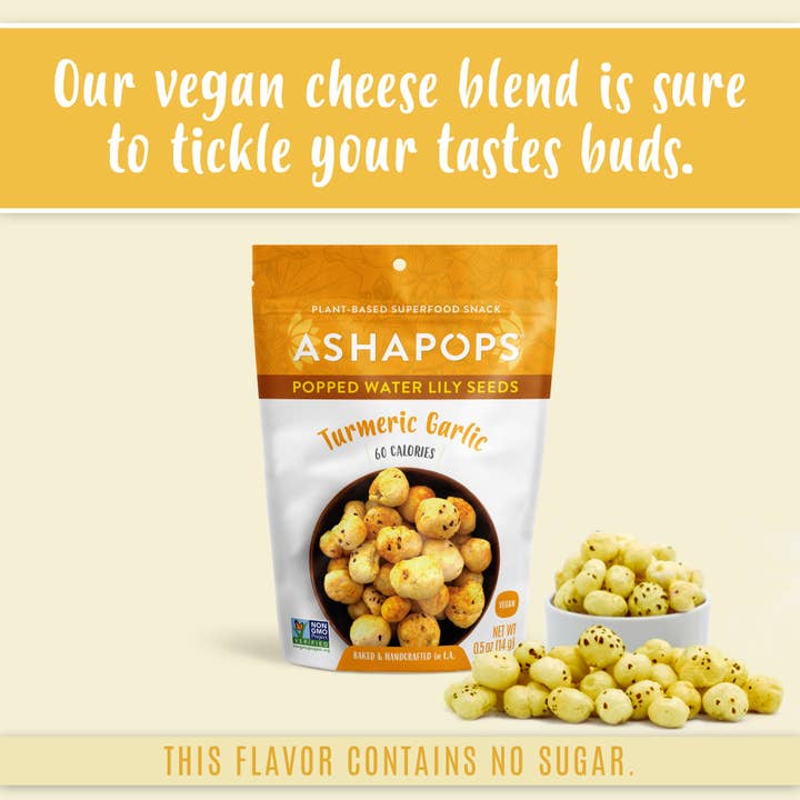 AshaPops - Wholesale Puffed Snack - 0.5oz Turmeric Garlic - AshaPops Popped Water Lily Seeds
