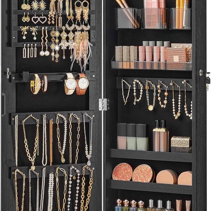 Black Mirror Jewelry Cabinet Armoire with Lockable Cosmetic Organizers for wholesale on Faire