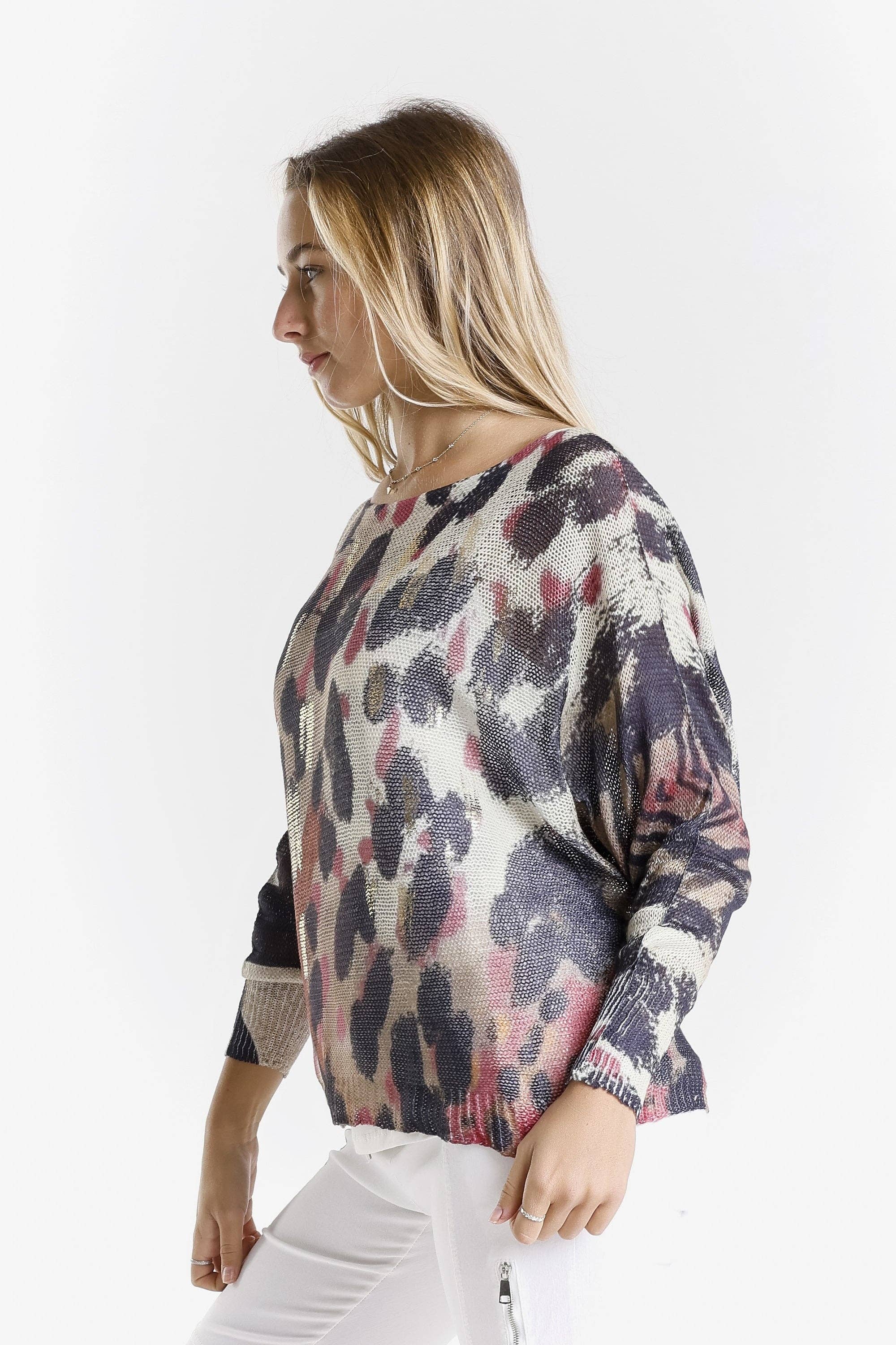  G Pink w Gold Splash Leopard Danielle Batwing Open Knit Sweater (BLS424PL) for wholesale on Faire2