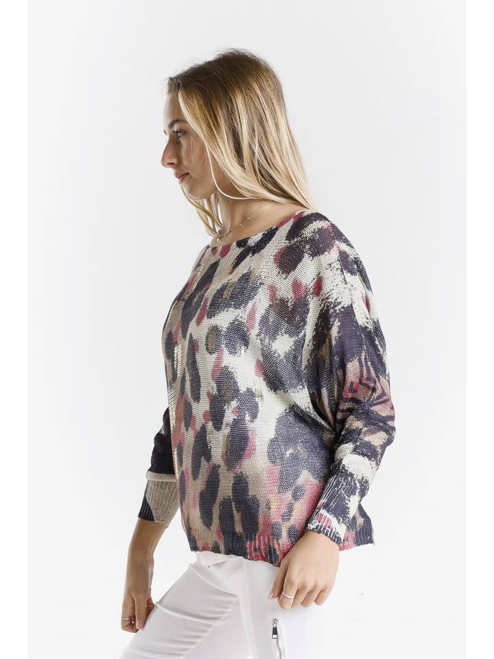 G Pink w Gold Splash Leopard Danielle Batwing Open Knit Sweater (BLS424PL) for wholesale on Faire2