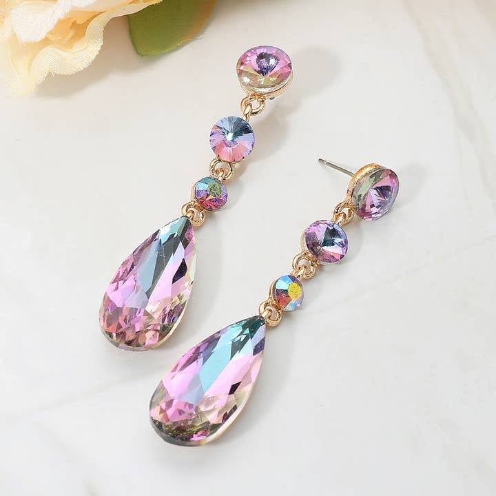Elegant Multi Faceted Crystal Dangle Statement Earrings for wholesale by Sensibling Corp.