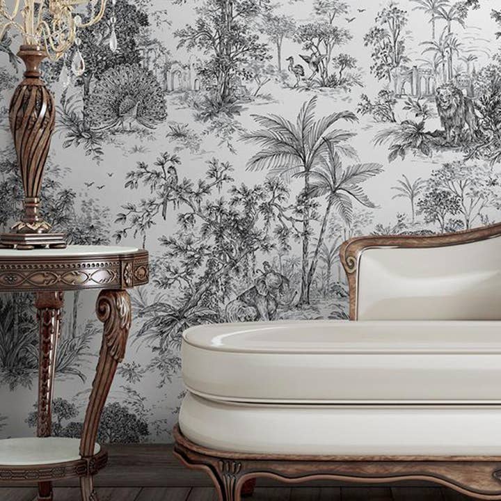 Luxury Toile Wallpaper, 3D Textured Wallcovering, Large 178 sq ft Roll, Decorative Wall Paper, Black and White Sketch, Landscape Wall Paper for wholesale by Walloro Luxury Embossed Wallpaper