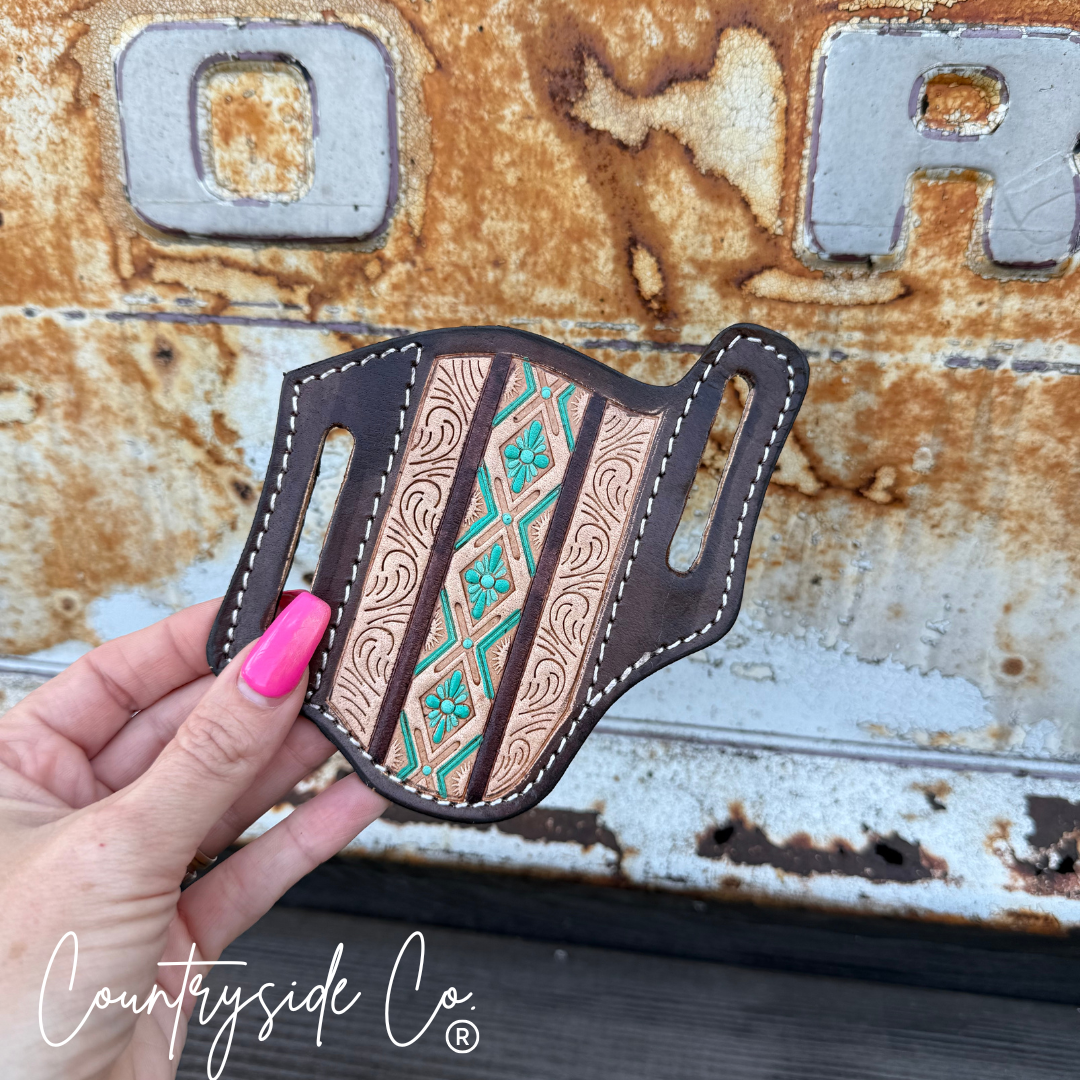 Countryside Co. - Wholesale Pocket Knife/Holder - Aztec Tooled Leather Sheath1