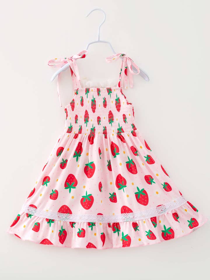 littleoneusa - Wholesale Dress - Kids - Pink Strawberry Flower Girl Ruffle Smocked Dress