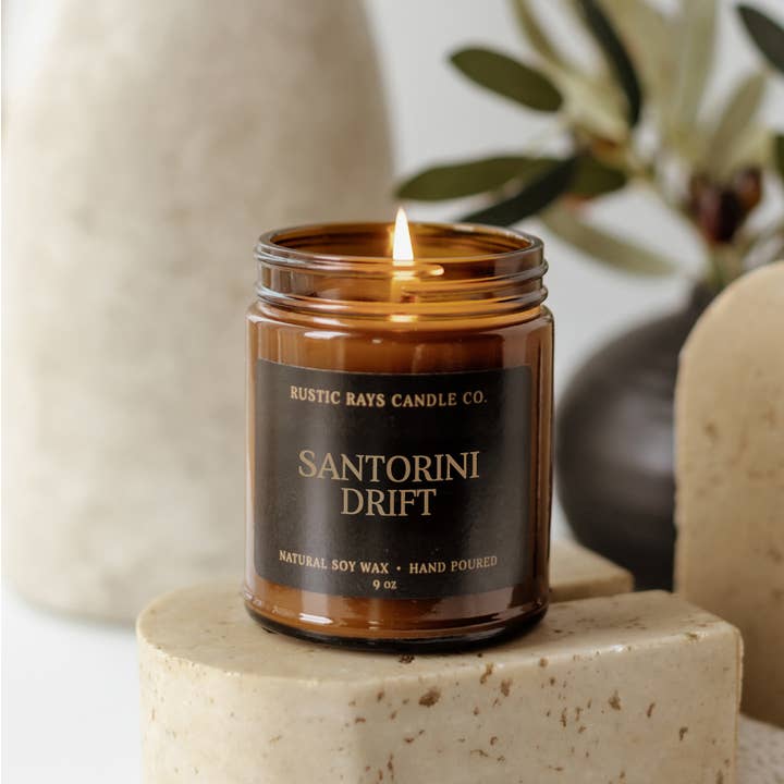 Santorini Drift 9 oz Soy Candle - Spring Home Decor & Gifts for wholesale by Rustic Rays Candle Co.