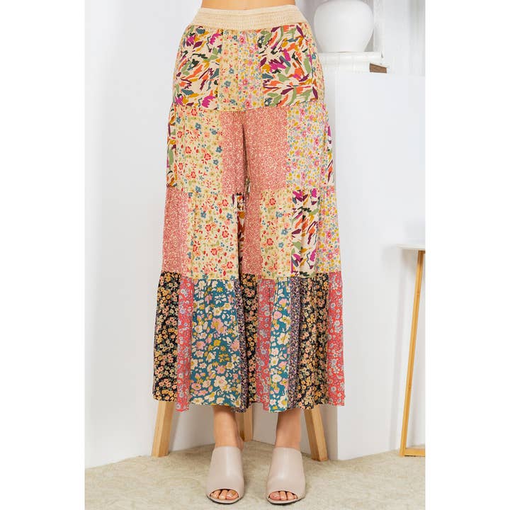 Young Threads - Wholesale Pants - Women's - Printed Patchwork Overdyed Pants With 4 Tiers