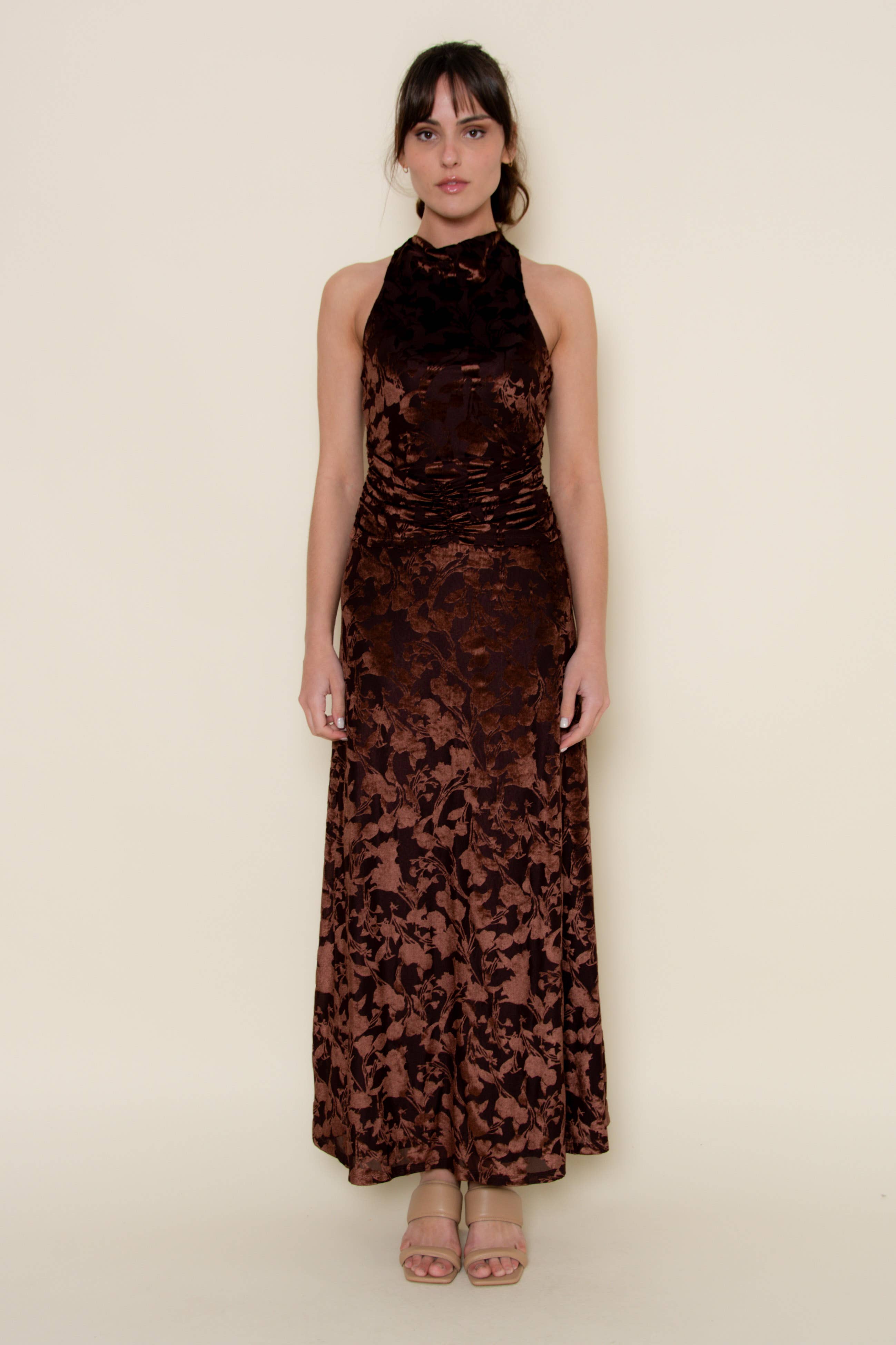 Fore Collection - Wholesale Dress - Women's - VELVET DETAIL RUTCHED HALTER SLEEVELESS DRESS - DI10513AFO