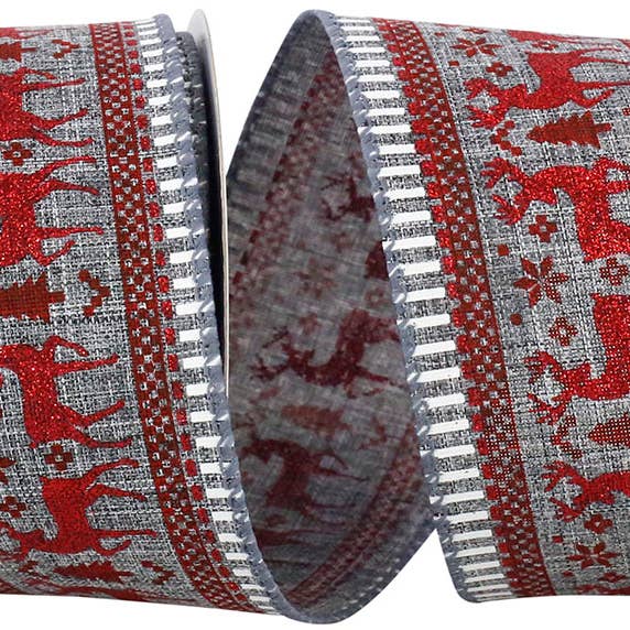 Deer Glitter Scene Ticking Wired Edge, gris, 2-1/2 po pour la vente par RELIANT RIBBON