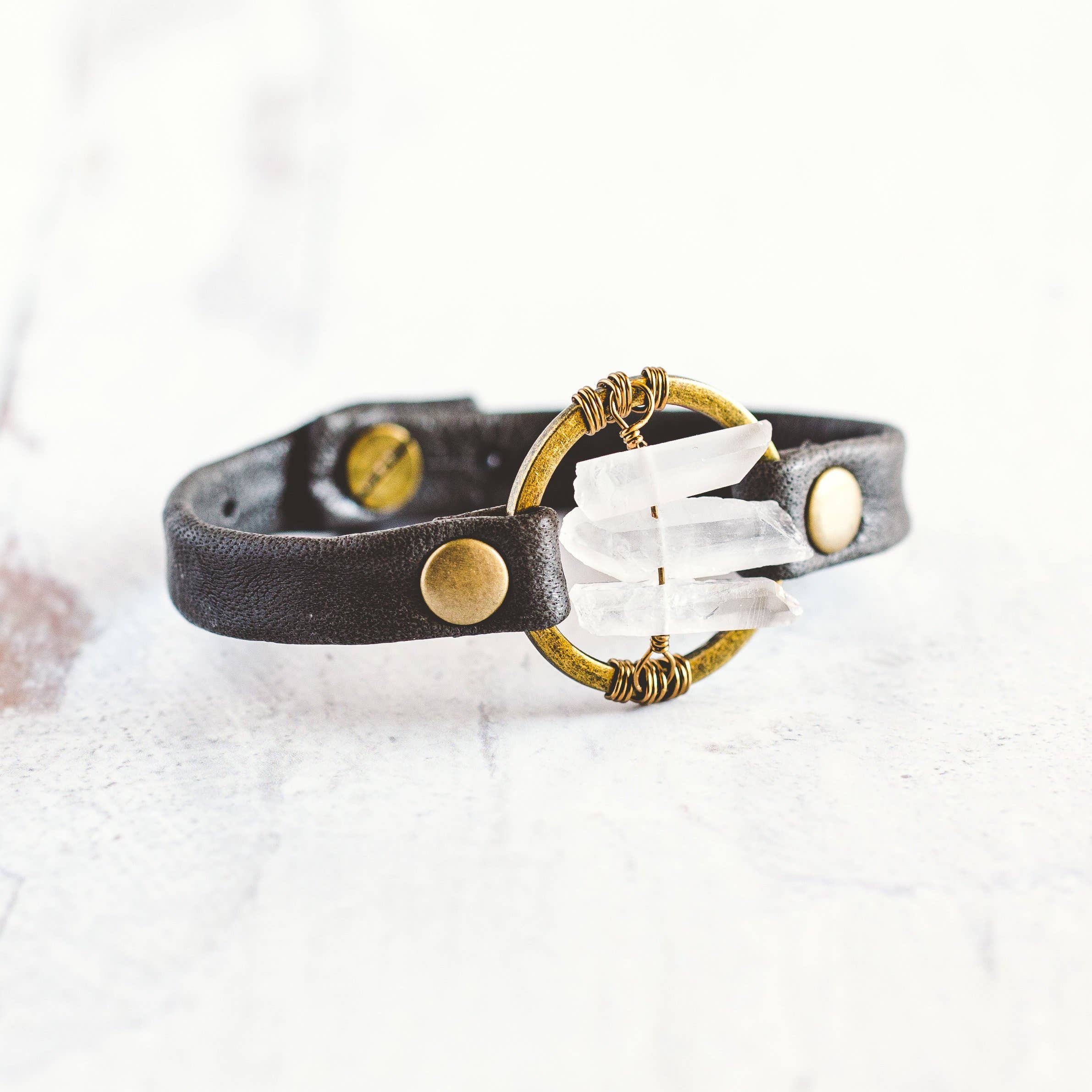 Giving Bracelets - Wholesale Bangle Bracelet - Be the Light Leather Bracelet-Antique Brass-Quartz Crystal12