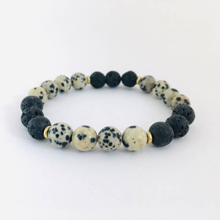 Black Lava & Dalmatian Jasper Bead Stretch Bracelet for wholesale by HL Stacks
