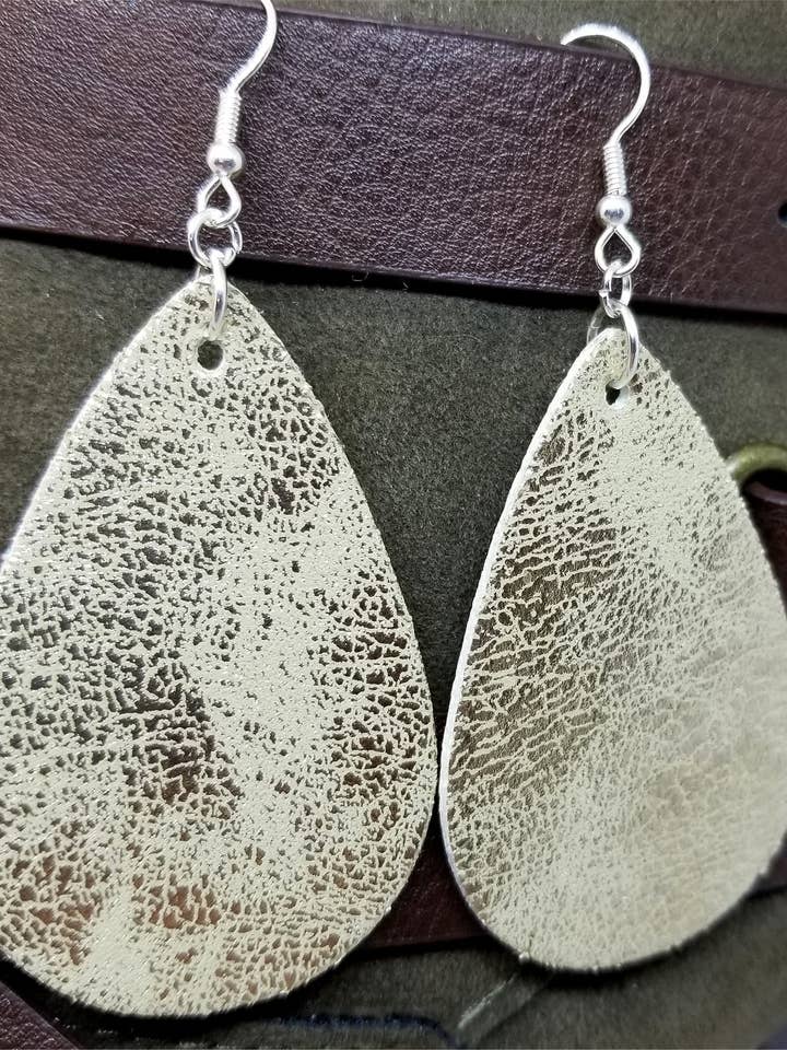 Worn Shiny Gold Tear Drop Shaped FAUX Leather Earrings for wholesale by Simply Raevyn
