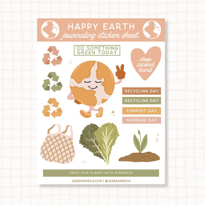 Feuille d'autocollants Happy Earth pour la vente par Jess' Paper Co.