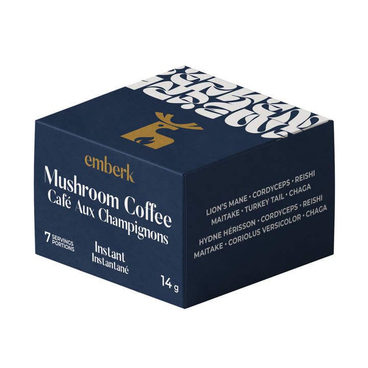 Boîte de café aux champignons (faible teneur en caféine, sept sachets individuels) pour la vente par Emberk Mushroom Coffee