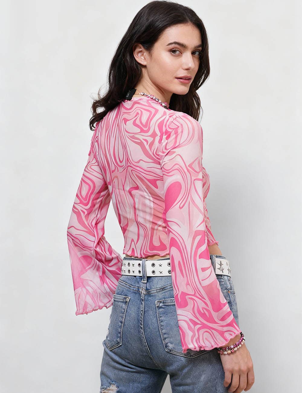 Sweetkama – wholesale Knit top – Women's – Ladies Print Flare Sleeves Mesh Crop Top SKT24172