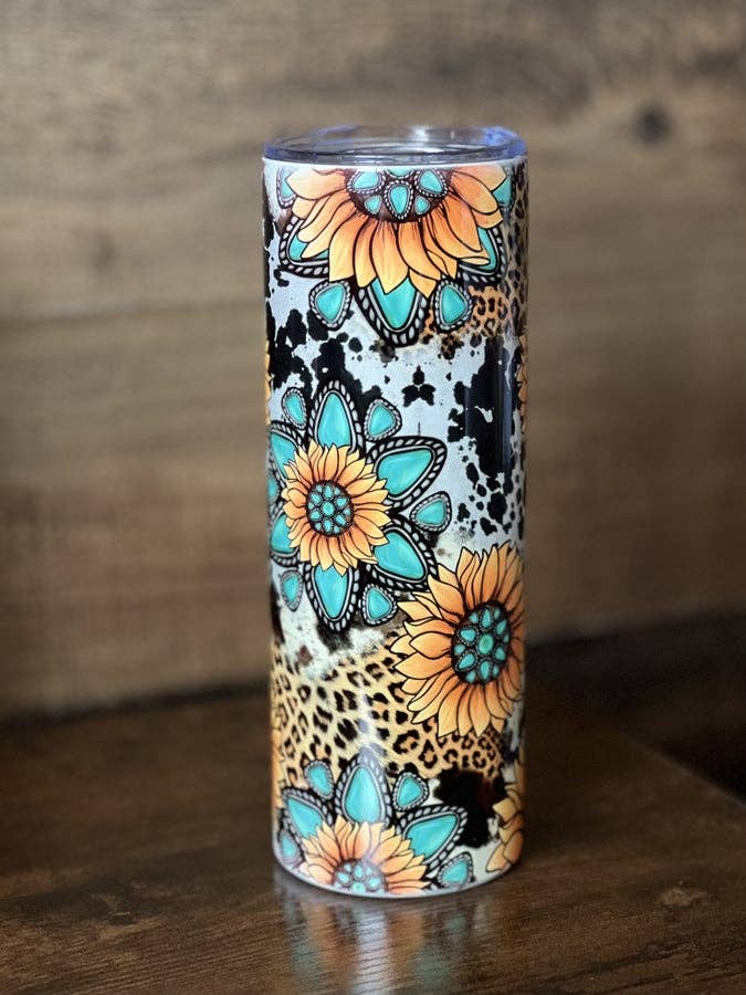 Turquoise Floral Cow Print - 20oz Skinny Tumbler for wholesale by Style + Grace Wholesale