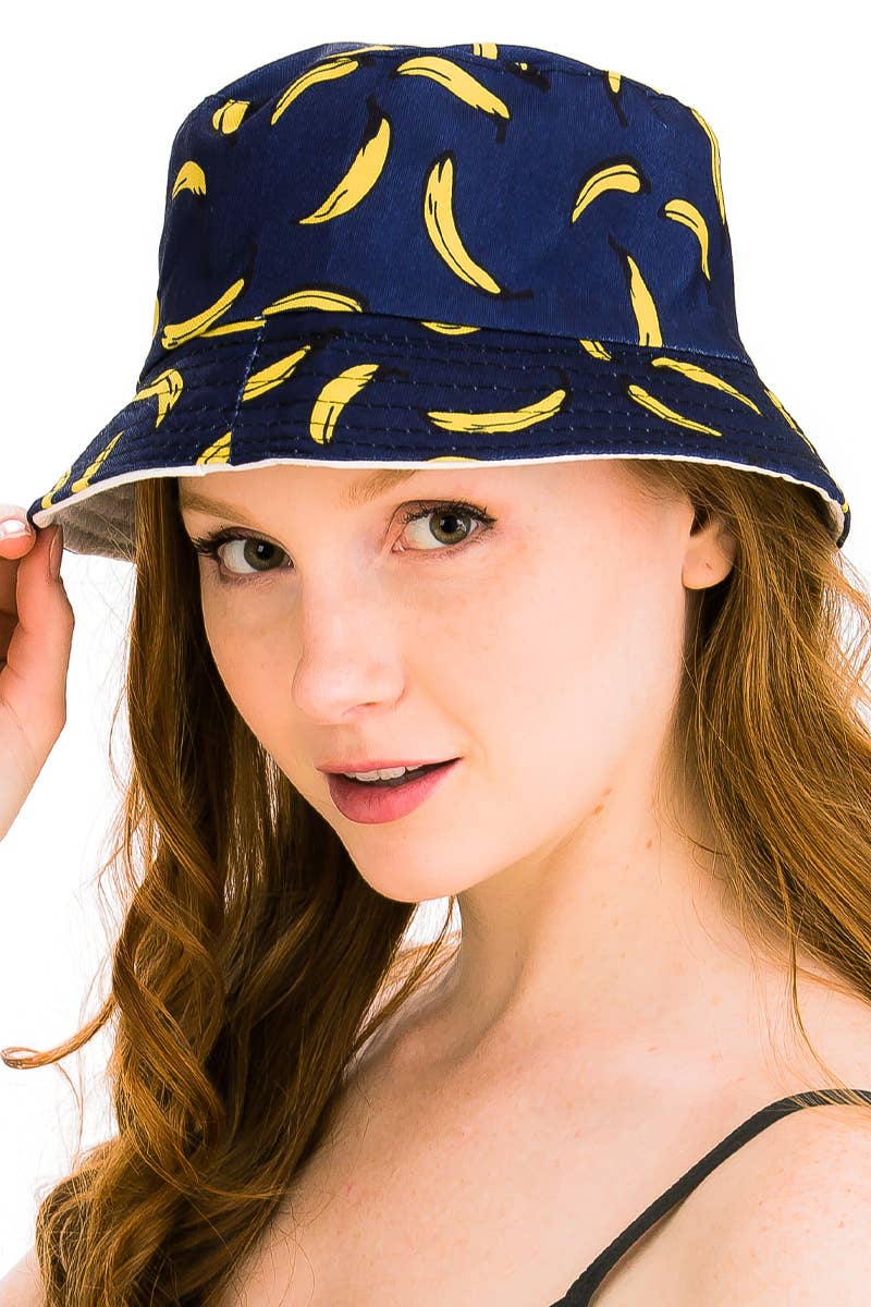 Cap Zone - Vente Bob – femme - Chapeau seau réversible en coton Banana Summer Festive