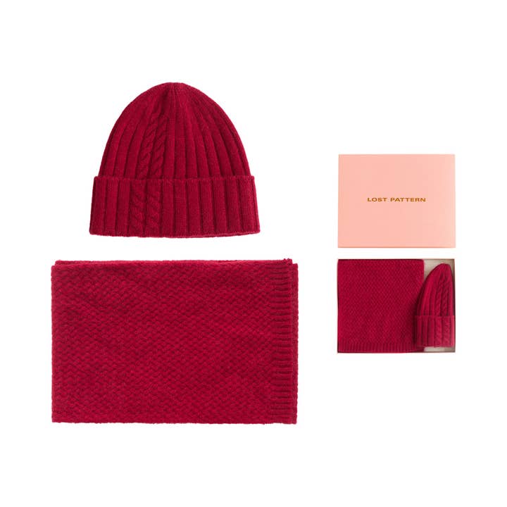 "Warmth Whisper" Cashmere Scarf & Beanie Hat Gift Set - Red for wholesale on Faire