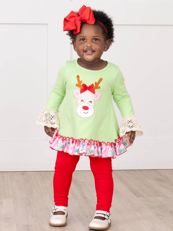 Reindeer Smile Embroidered Ruffle Outfit for wholesale by Marie Nicole Clothing