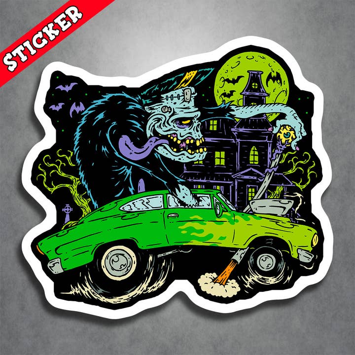 Monsters and Martians LLC - Wholesale Sticker - Hot Rod Frankenstein Sticker Monster Rat Rod Fink Dragster