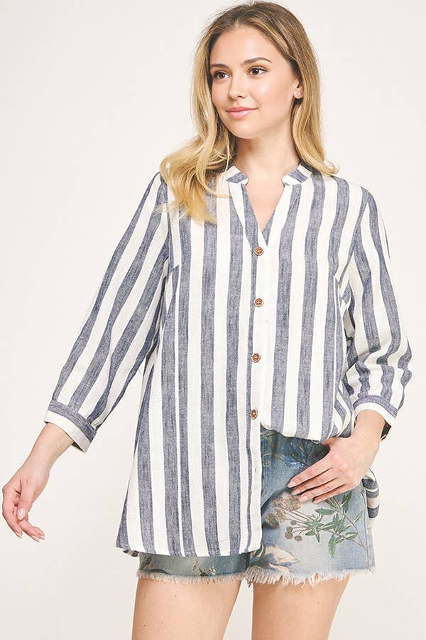 OFF WHITE NAVY T8076L16/THREE QUARTER SLEEVE YARN DYE LINEN SHIRTS  for wholesale on Faire7