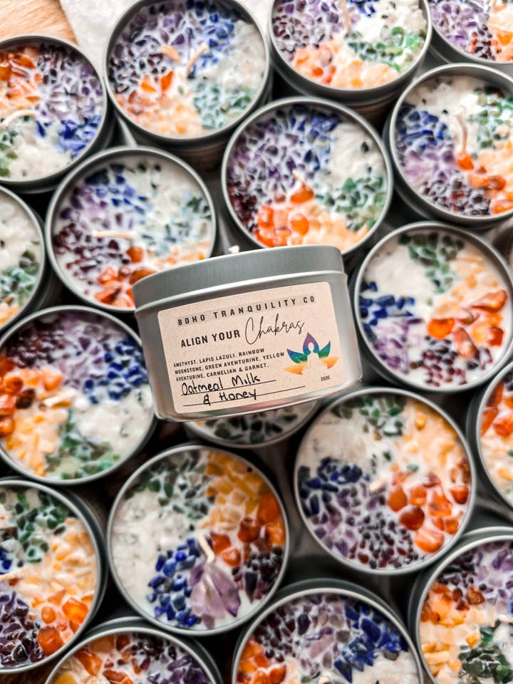 ALIGN YOUR CHAKRAS SCENTED CANDLE TIN for wholesale by Boho Tranquility Co