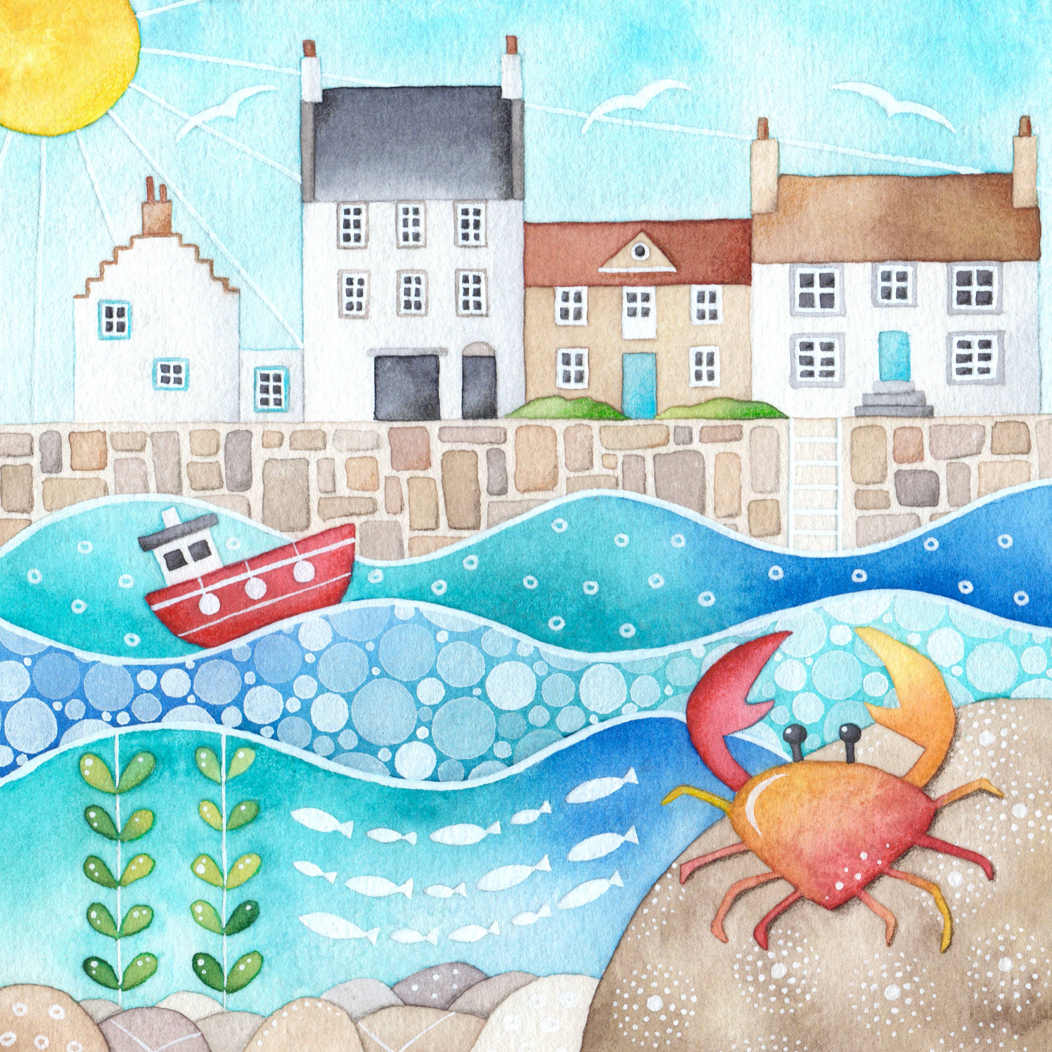 East Neuk Beach Crafts – wholesale Everyday greeting card – Crab Greetings Card - Fishing Boat and Harbour - Blank1