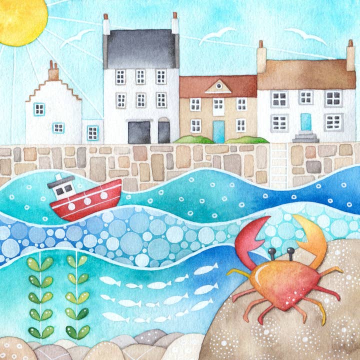 East Neuk Beach Crafts – wholesale Everyday greeting card – Crab Greetings Card - Fishing Boat and Harbour - Blank1