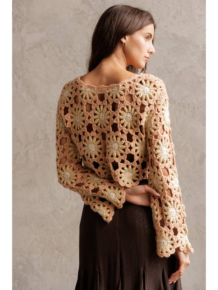 STORIA - Wholesale Knit Sweater - Women's - JT4104-1-CROCHET FLOWER LONG SLEEVE CROP TOP5