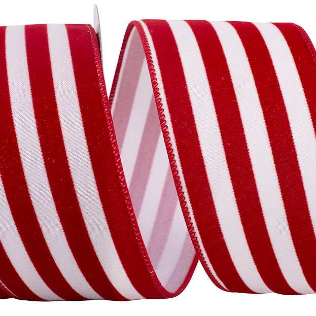 RELIANT RIBBON - Wholesale Ribbon - Gift Wrapping - Striped Grande Velvet Sparkle Wired Edge, Red/white