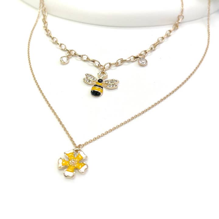 Bubble Bee Epoxy and Flower Charms 2 Low Layered Necklace for wholesale by StarryNYC