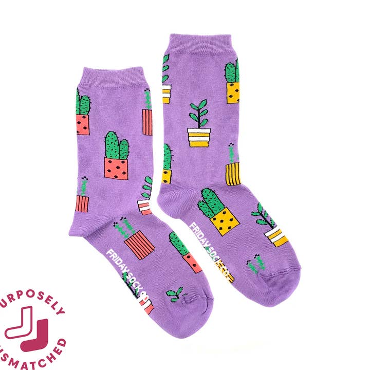 Women’s Purple Potted Plant Socks, Spring Pastel Gift for wholesale by Friday Sock Co.