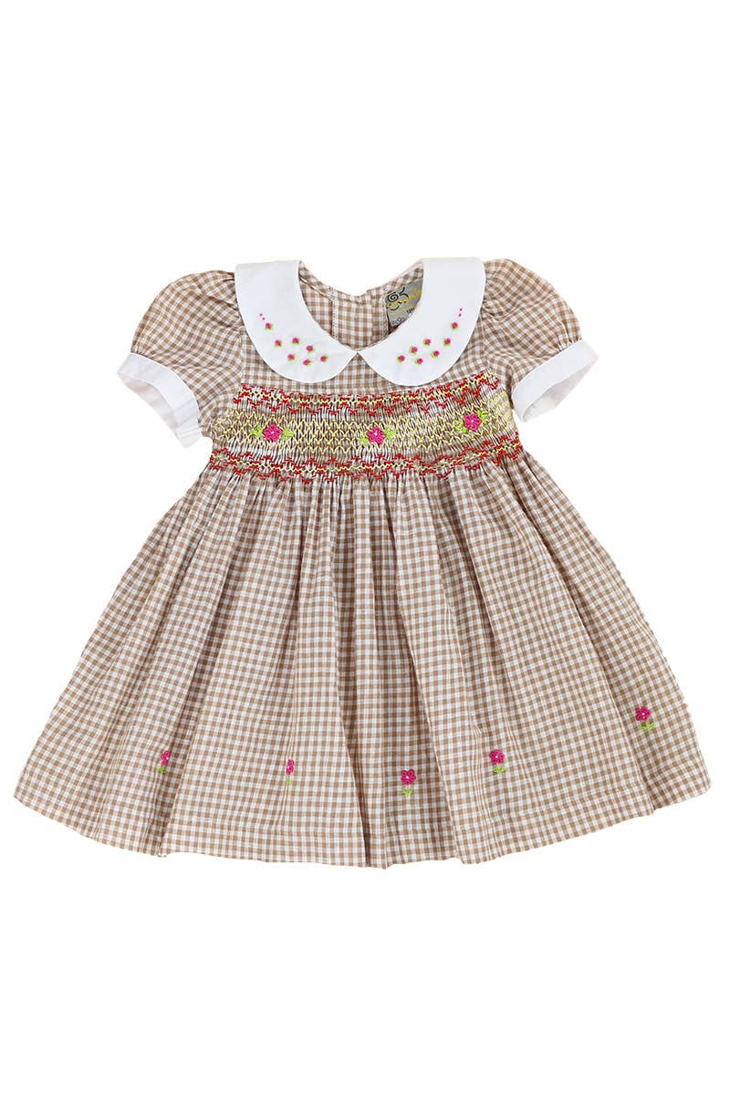 SISSYMINI - Vente Robe – bébé - Robe vichy brune smockée à la main pour bébés et tout-petits10