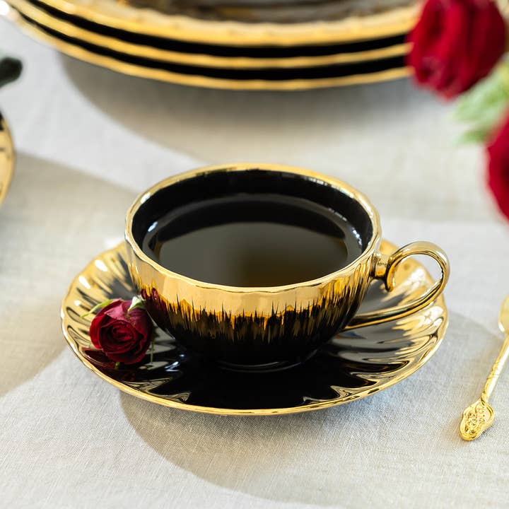 Black Gold Ripple 6oz Fine Porcelain Cup and Saucer for wholesale by Grace Teaware