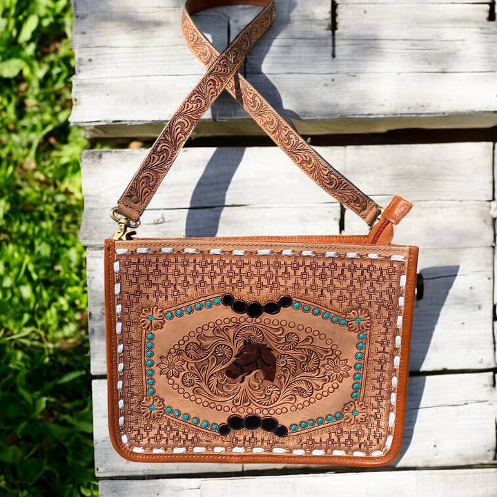 Western Linens - Wholesale Crossbody Bag - Women's - Horse Tooled Leather Crossbody