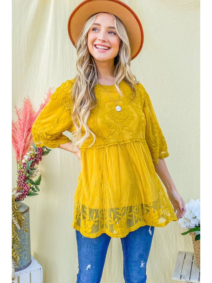 AND THE WHY - Wholesale Tunic - Women's - ATW10187 - Floral Embroidered Mesh Tunic Top With Lining