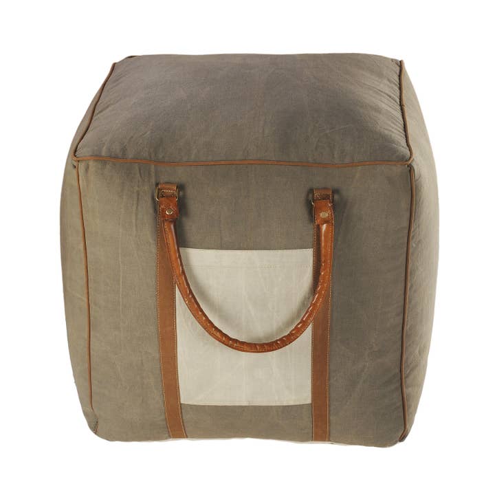 Multi Modern Bordered Square Pouf with Leather Handles for wholesale on Faire