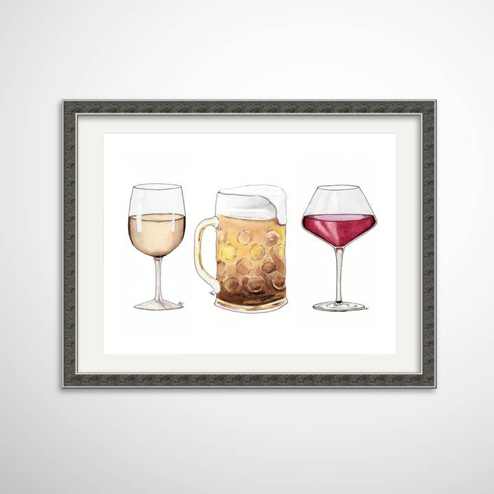 Wine and Beer - Pen and Watercolor Archival Art Print for wholesale by Alyssa Whetstone Art