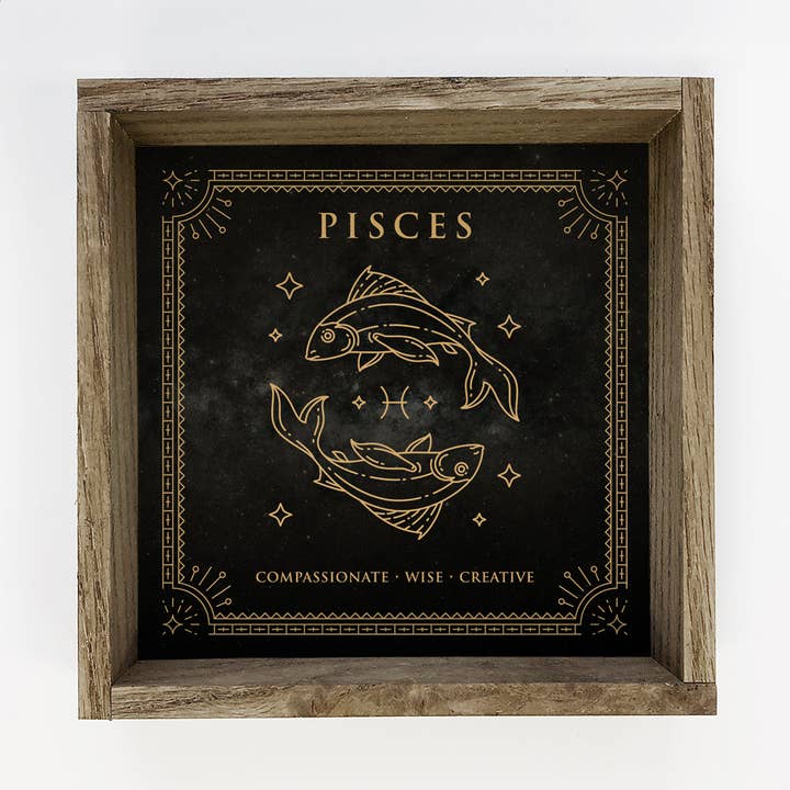 Décoration murale en toile et bois avec signe de l'horoscope du zodiaque des Poissons pour la vente par Hangout Home