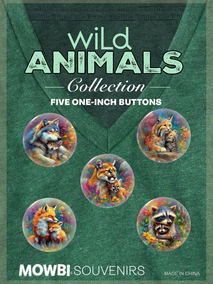 Park Animals Button Collection #2 – Mom & Baby – Wolf, Bobcat, Mountain Lion, Raccoon, & Fox for wholesale by Mowbi Souvenir