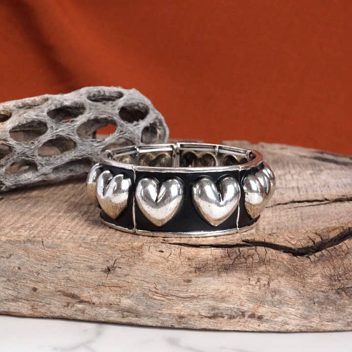 PennyLine inc - Wholesale Bangle Bracelet - Western Stretchy Hearts Bangle in Rustic Silver Tone
