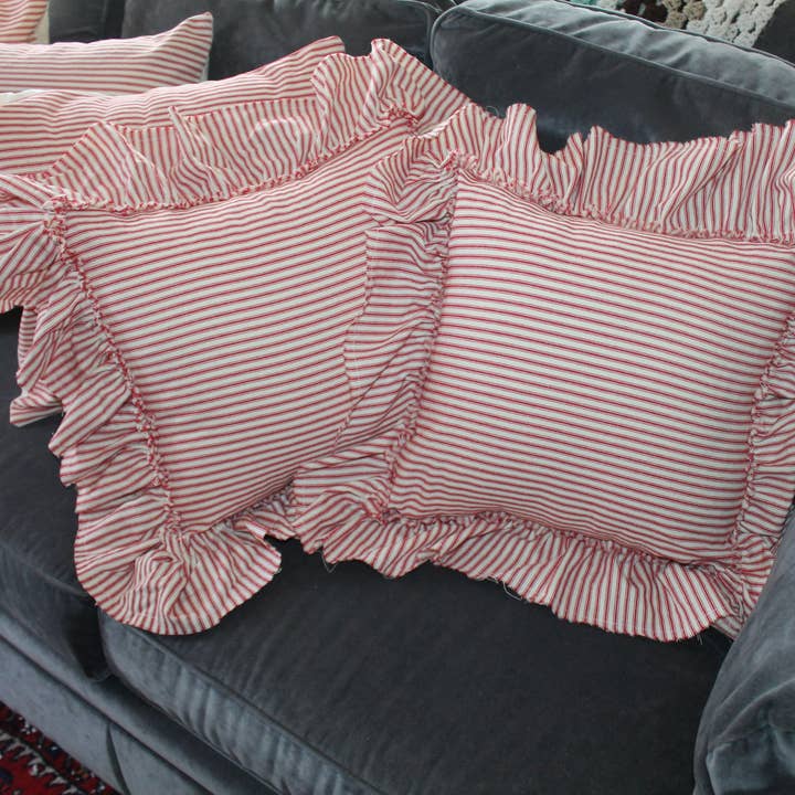 Freckles Design Studio - Wholesale Throw pillow cover - Red and Ivory Ticking Stripe Ruffle Pillow Cover2
