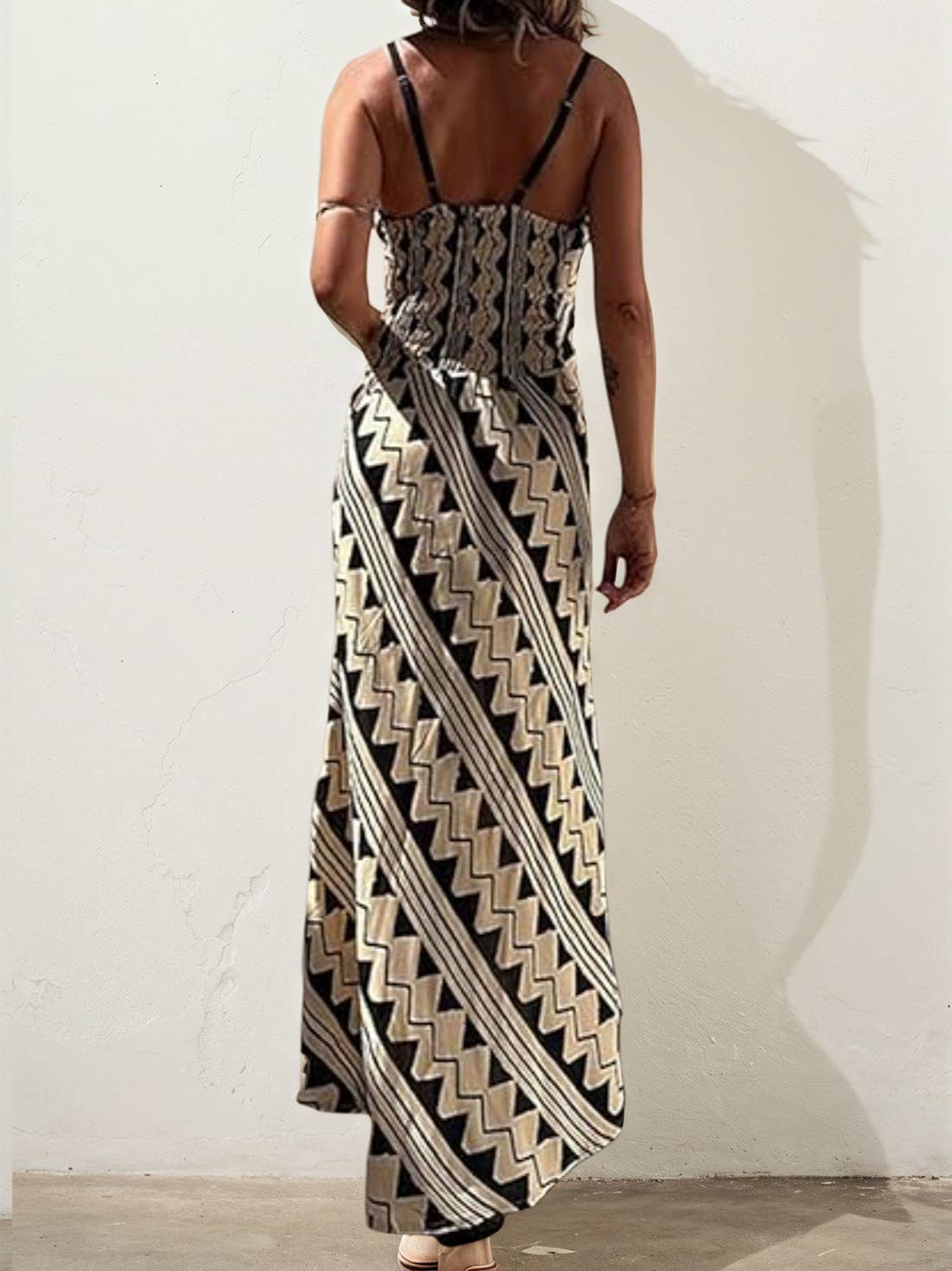 Ulivary - Wholesale Dress - Women's - Ethnic Print Slip Midi Dress with Adjustable Spaghetti Straps3