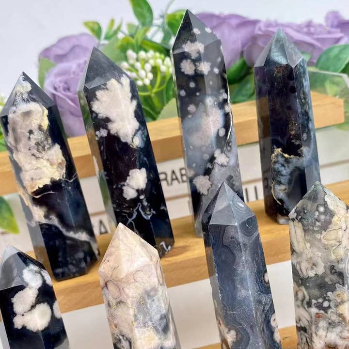 Moon Rituals - Wholesale Spiritual Stone/Crystal - Black Flower Agate Crystal Obelisk Tower Point Generator