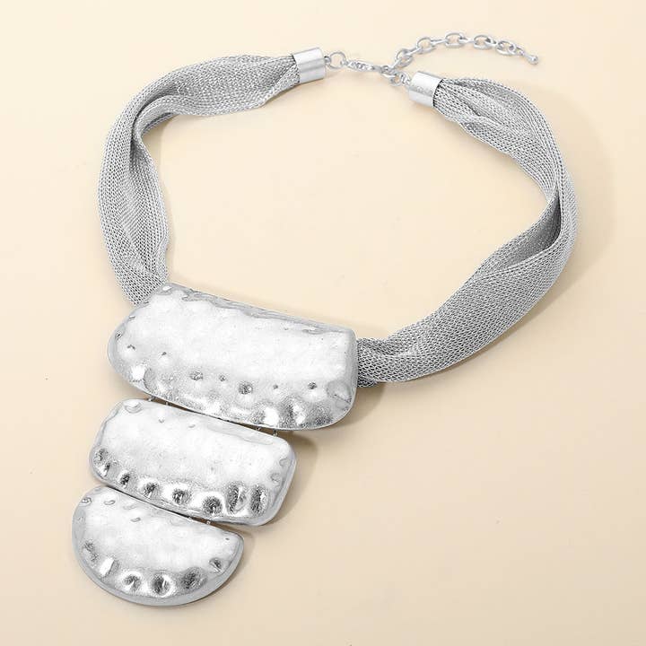 Sensibling Corp. - Wholesale Pendant/charm necklace - Hammered Geometric Metal Pendant Mesh Fabric Necklace3